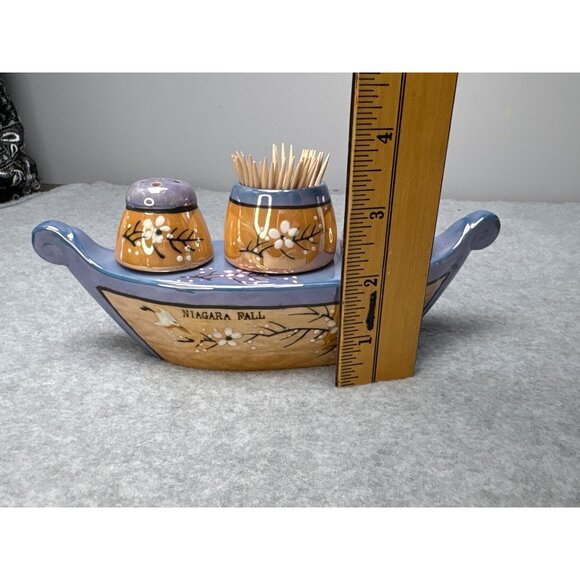 Niagara Falls Lusterware Salt & Pepper Shaker Boat Set with Toothpick Holder - Picture 9 of 11